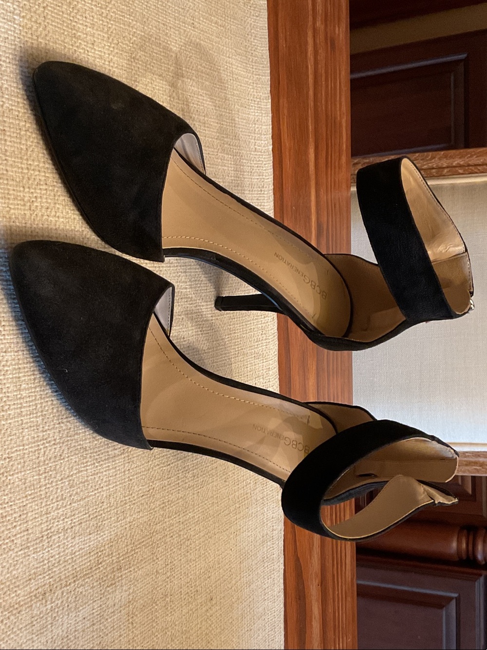 BCBGeneration Black Suede Pointed Toe Ankle Strap Heels